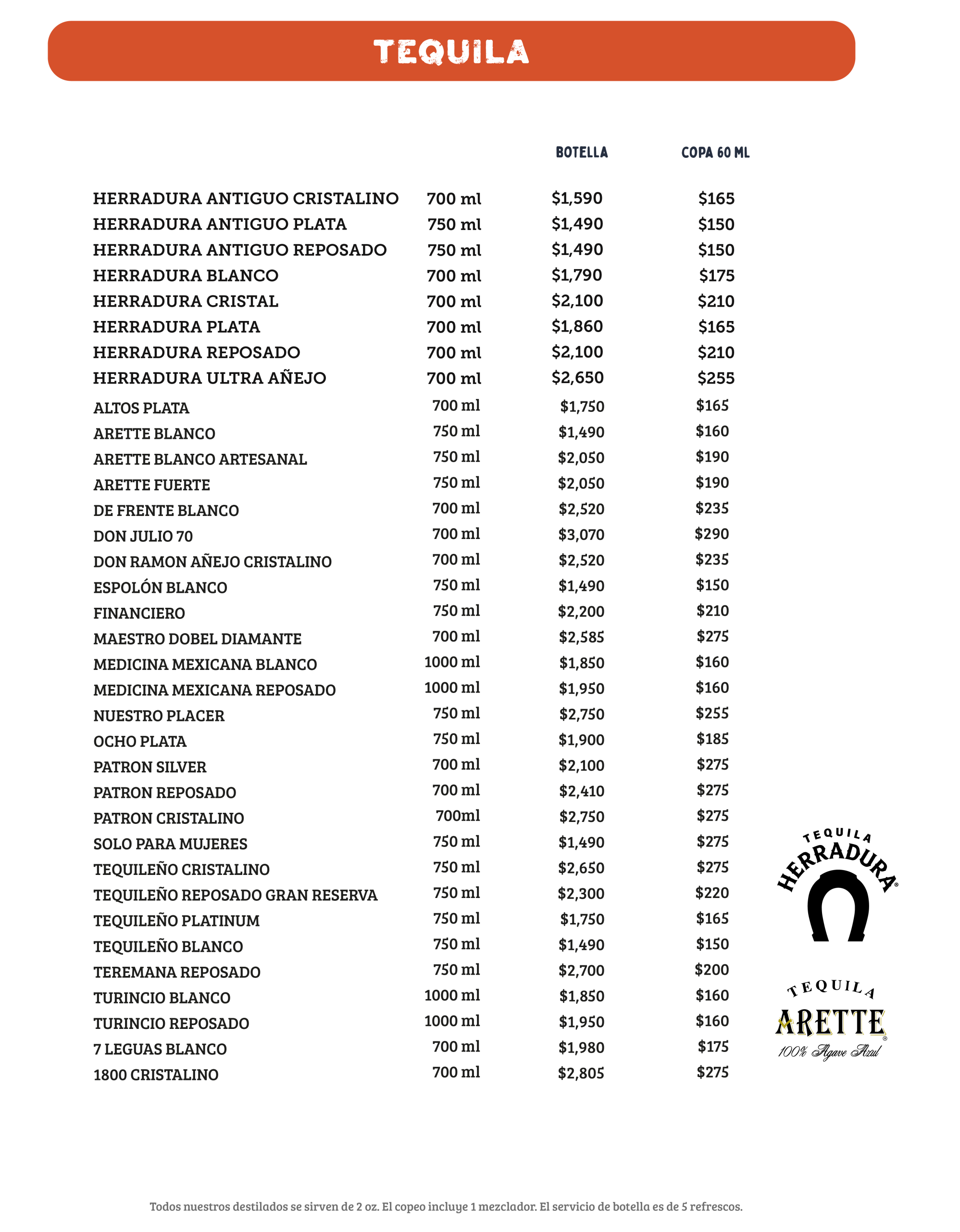 Carta de tequilas de la cantina Sin Yolanda con más de 30 marcas incluyendo Herradura, Patrón, Don Julio y 7 Leguas