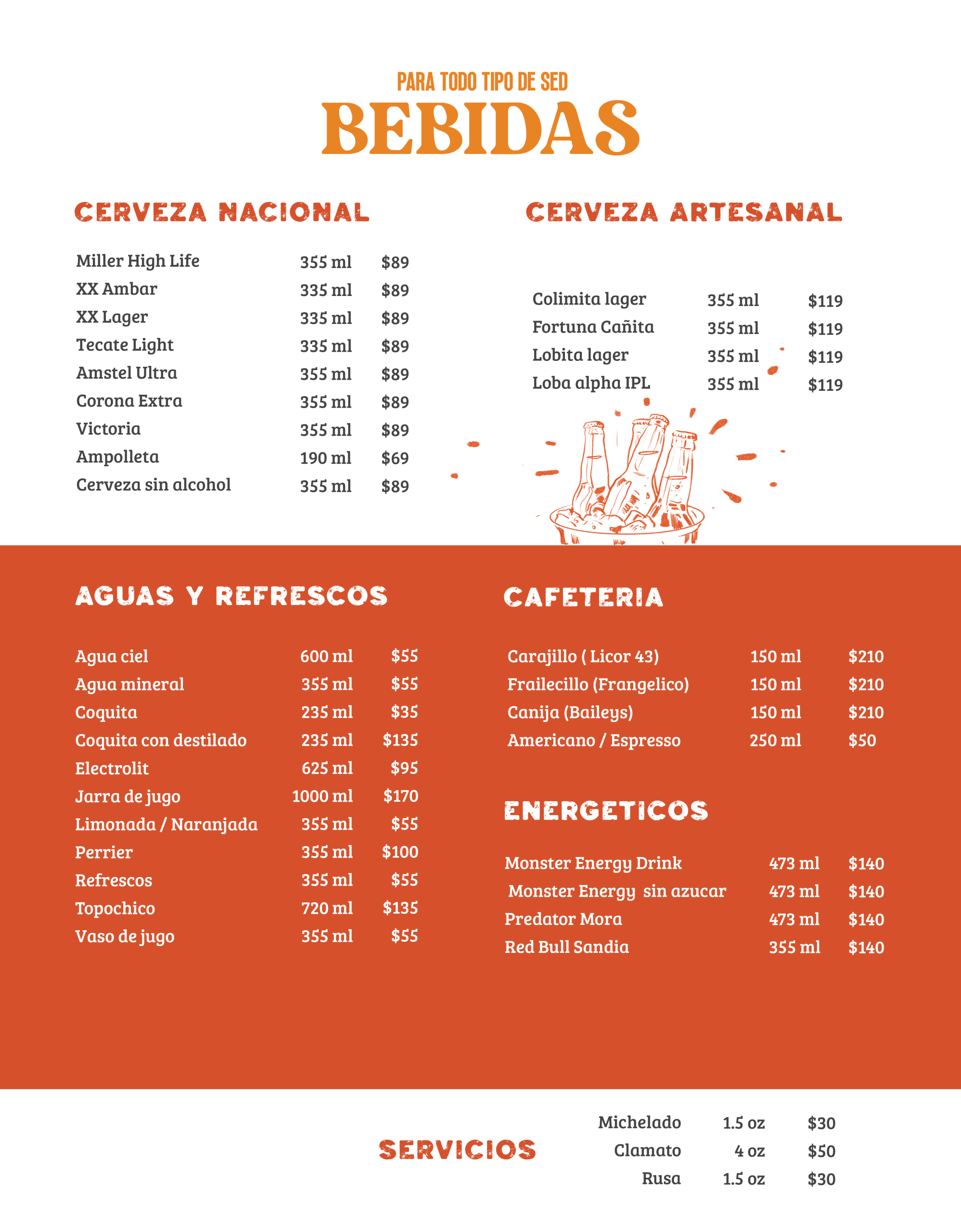 Carta de tequilas de la cantina Sin Yolanda con más de 30 marcas incluyendo Herradura, Patrón, Don Julio y 7 Leguas