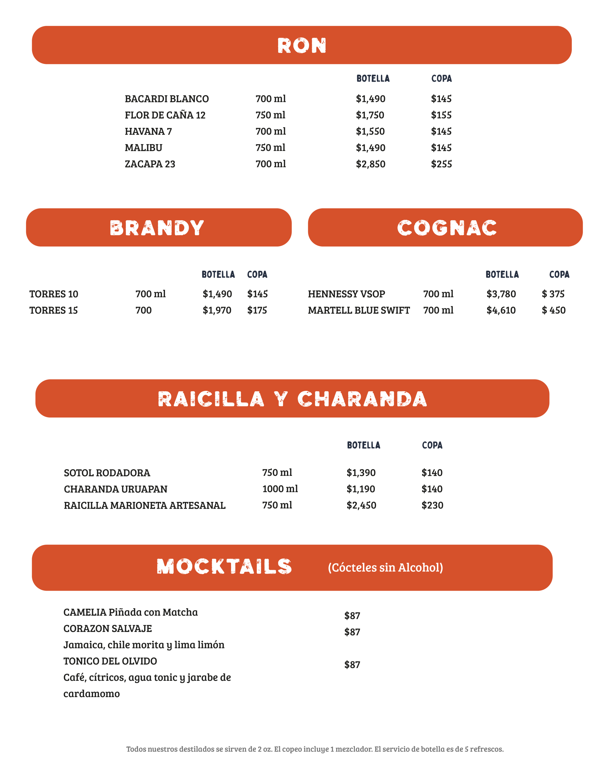 Carta de tequilas de la cantina Sin Yolanda con más de 30 marcas incluyendo Herradura, Patrón, Don Julio y 7 Leguas