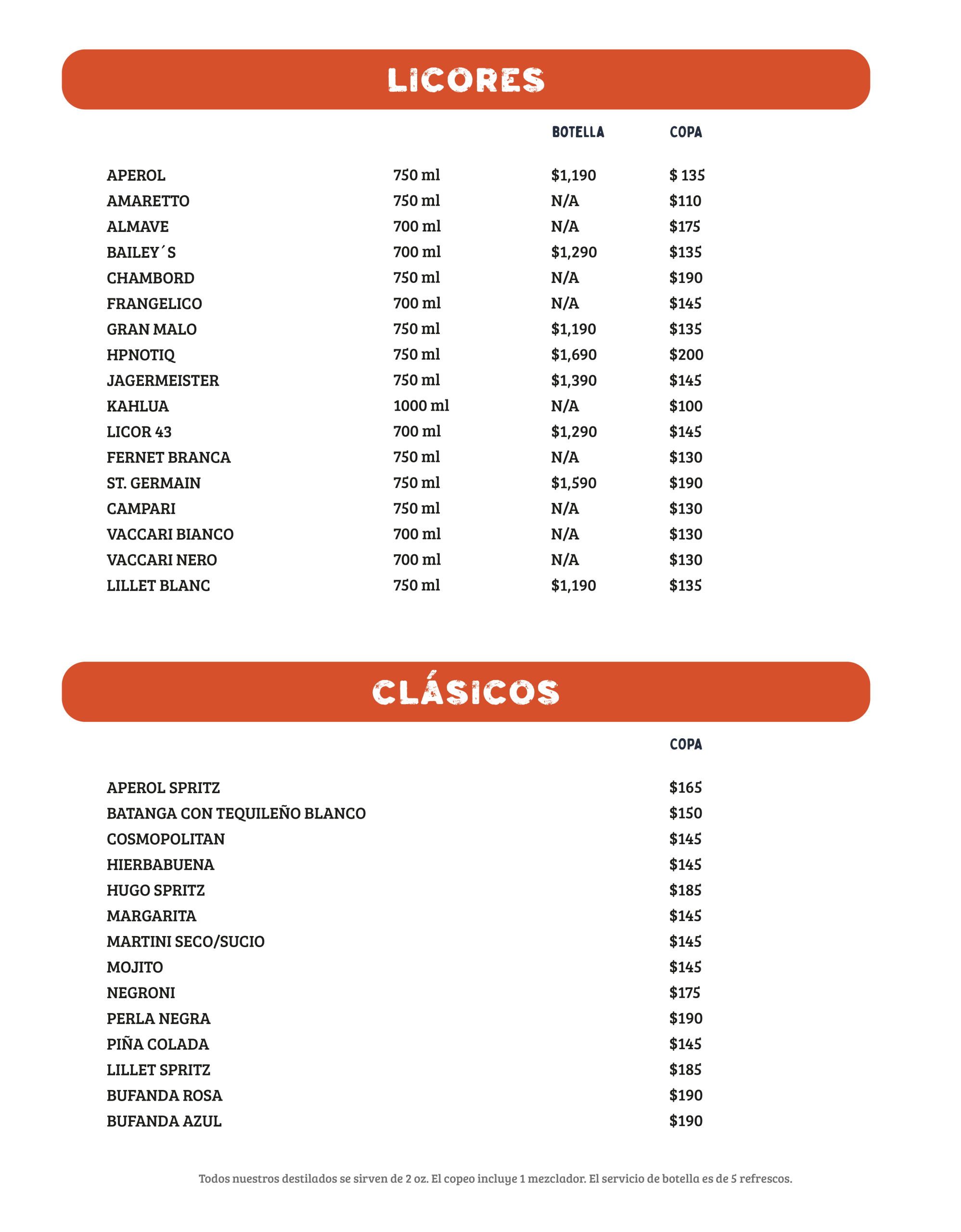Carta de tequilas de la cantina Sin Yolanda con más de 30 marcas incluyendo Herradura, Patrón, Don Julio y 7 Leguas