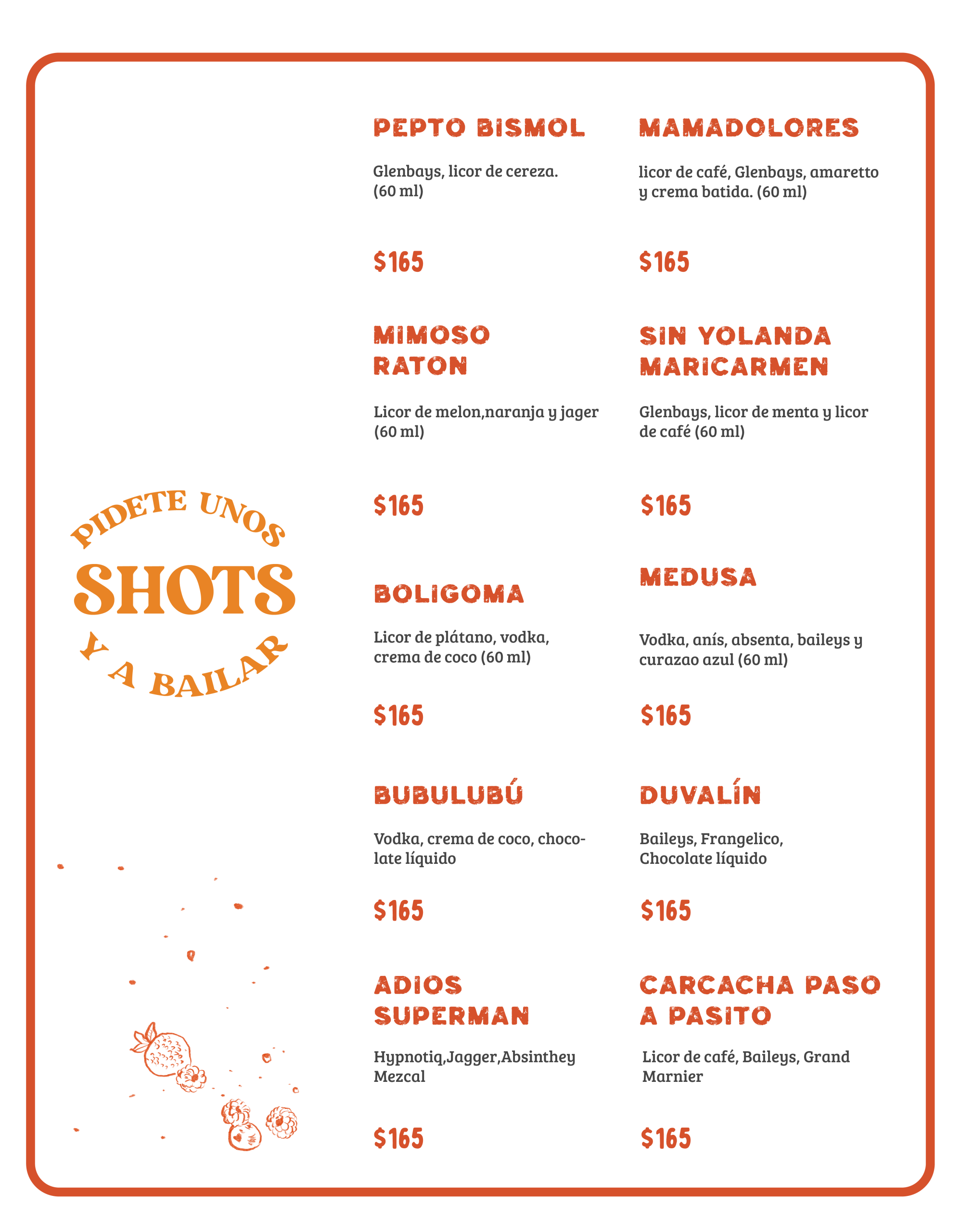 Carta de tequilas de la cantina Sin Yolanda con más de 30 marcas incluyendo Herradura, Patrón, Don Julio y 7 Leguas