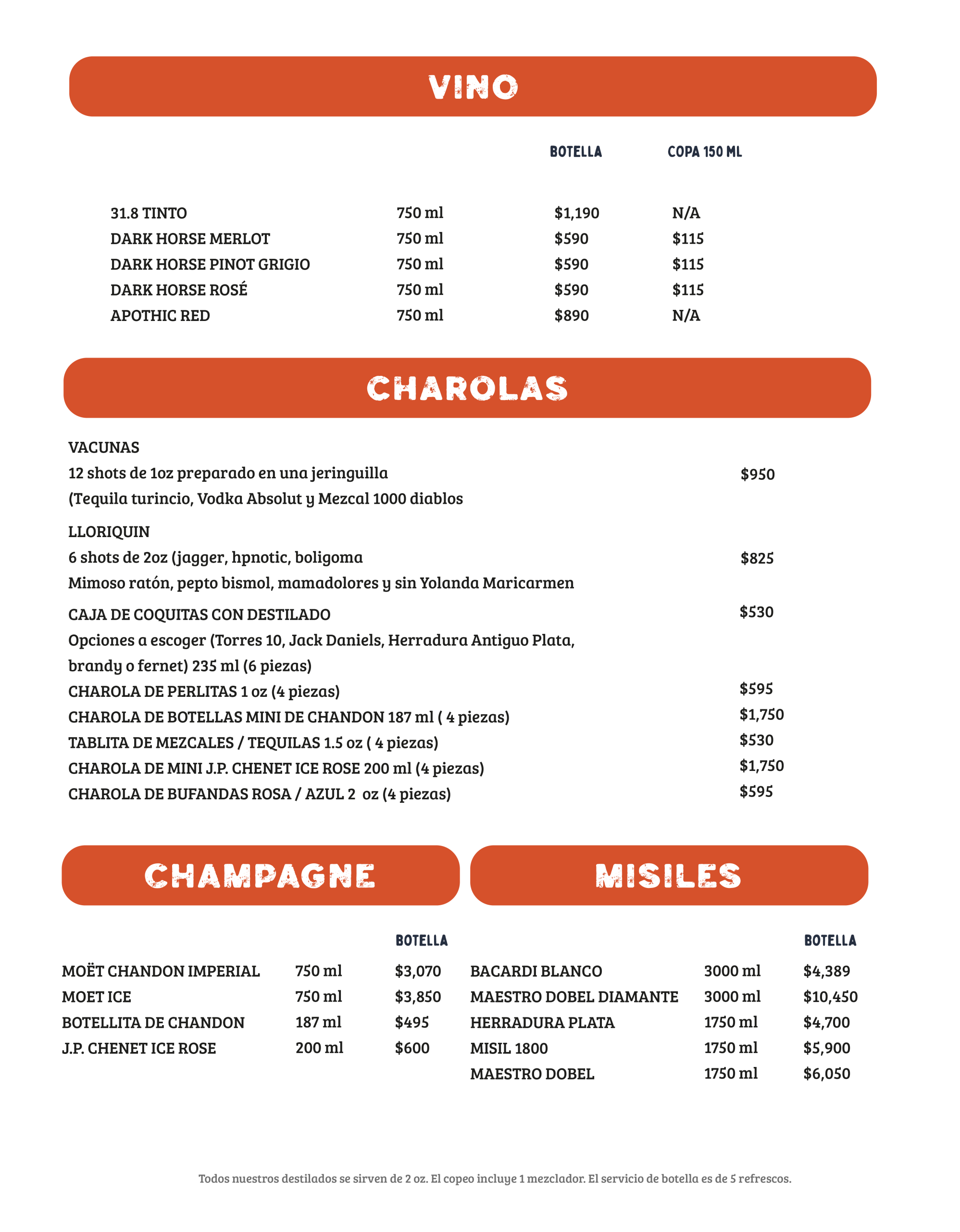 Carta de tequilas de la cantina Sin Yolanda con más de 30 marcas incluyendo Herradura, Patrón, Don Julio y 7 Leguas