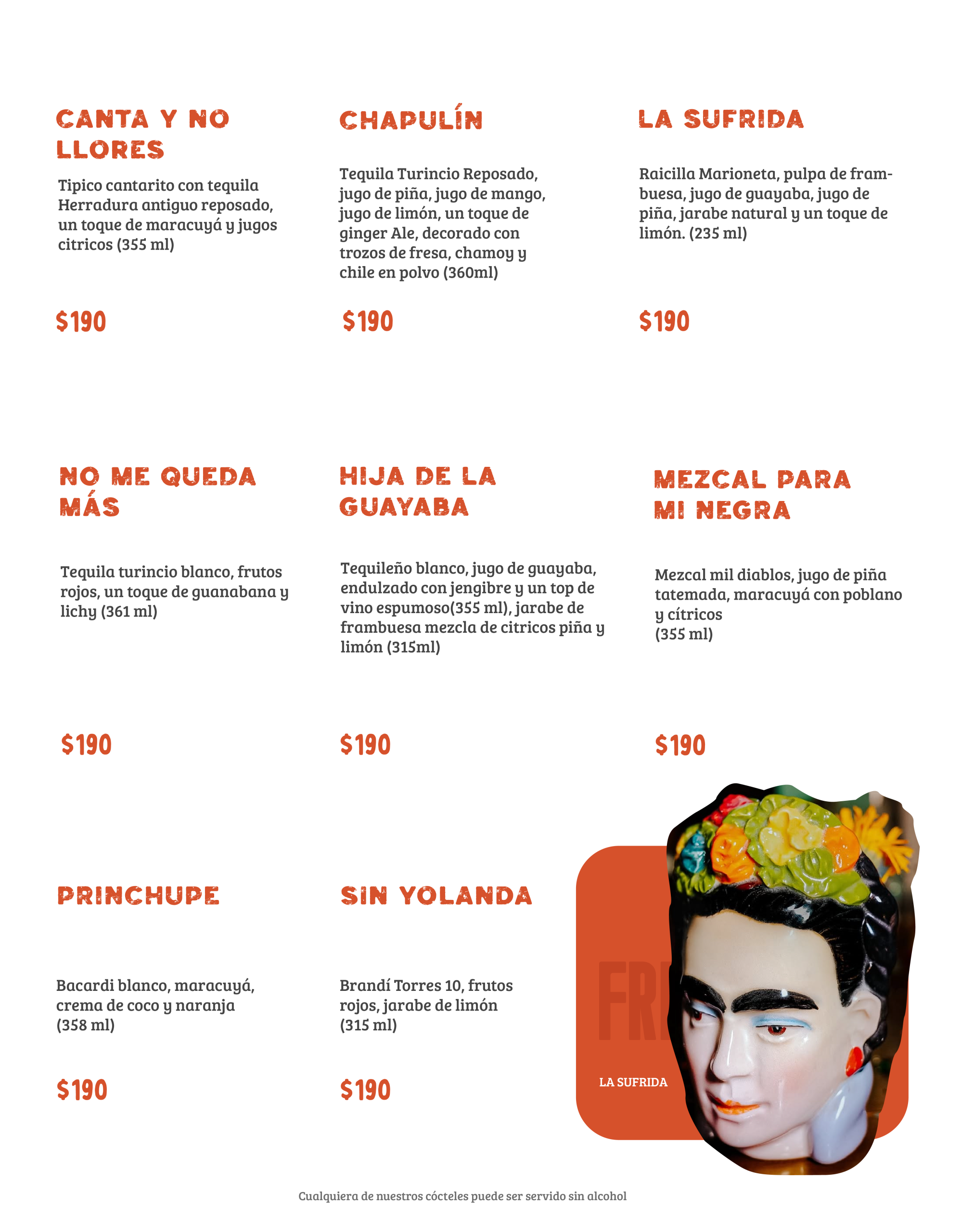 Carta de tequilas de la cantina Sin Yolanda con más de 30 marcas incluyendo Herradura, Patrón, Don Julio y 7 Leguas